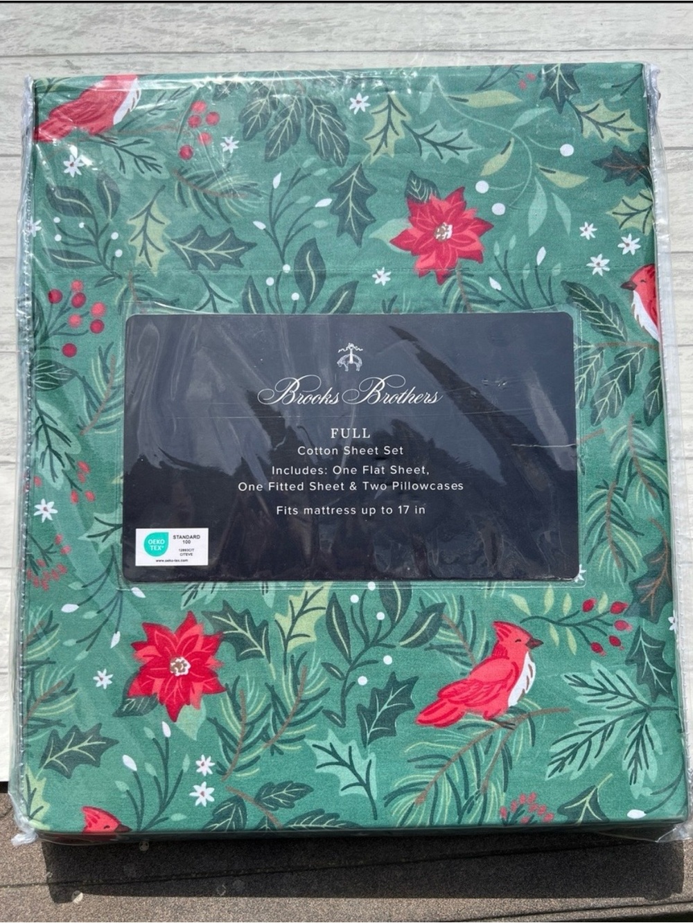 New Brooks Brothers Green Holiday Sheet Set with Red Cardinals & Poinsettias